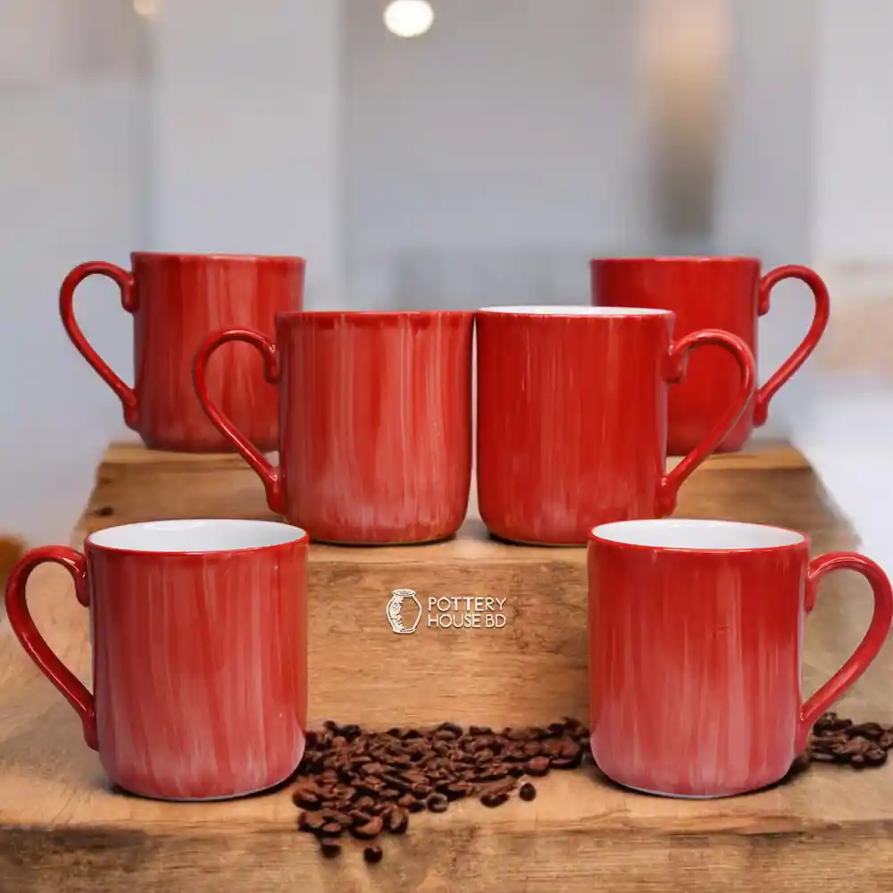 Red Mug Set Red Brush 6 Pcs Mug Set | Pottery House BD